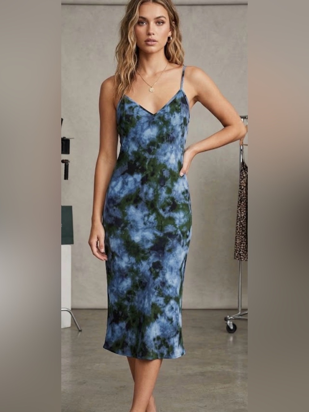 Wild Fable Tie Dye V-Neck Midi Slip Dress Blue Green